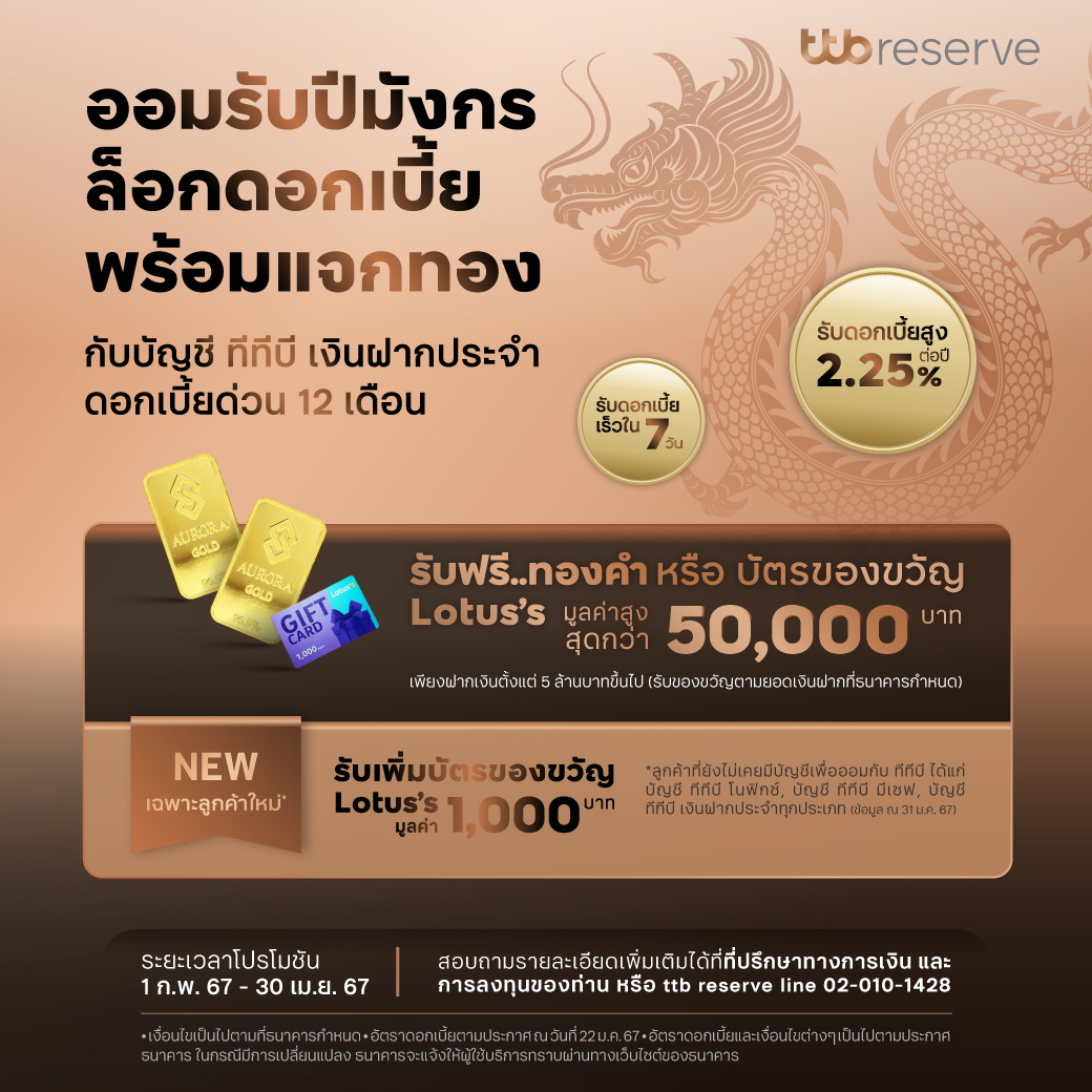 ทีทีบี ชวนออมรับปีมังกร ล็อกดอกเบี้ยสูง 2.25% ต่อปี