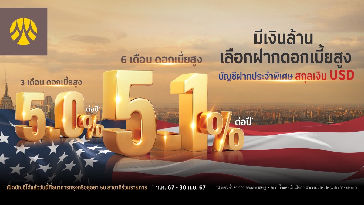 กรุงศรี ชี้ช่อง! รับดอกเบี้ยสูงสุด 5.1% ต่อปี