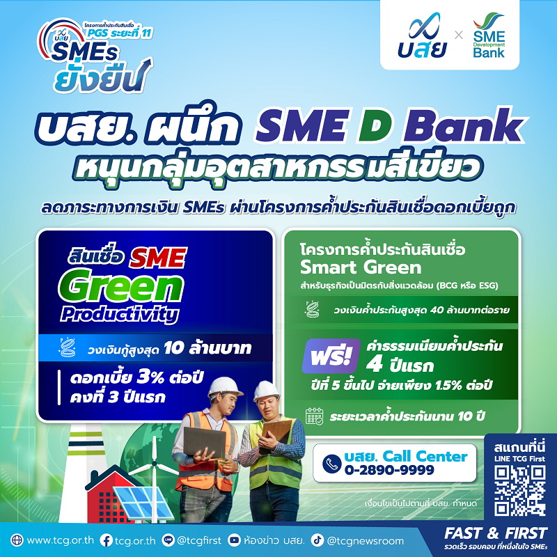 บสย. ผนึก SME D Bank ค้ำประกันสินเชื่อ SME Green Productivity   