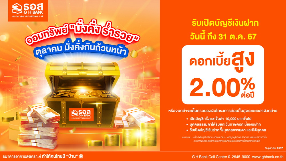 ธอส. ชวนออมดอกเบี้ยสูง2.00%ต่อปี     