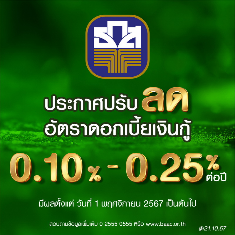 ธ.ก.ส. ปรับลดอัตราดอกเบี้ยเงินกู้สูงสุดร้อยละ 0.25  