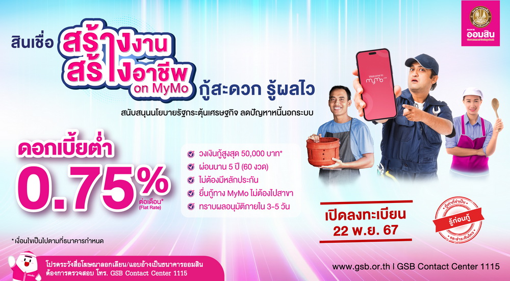 "ออมสิน" เปิดกู้สร้างงานสร้างอาชีพ ดอกเบี้ยต่ำ 0.75% ต่อเดือน   