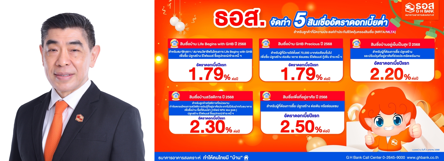 ธอส. จัดทำ 5 สินเชื่อบ้านอัตราดอกเบี้ยต่ำ ต้อนรับปีใหม่ 2568  