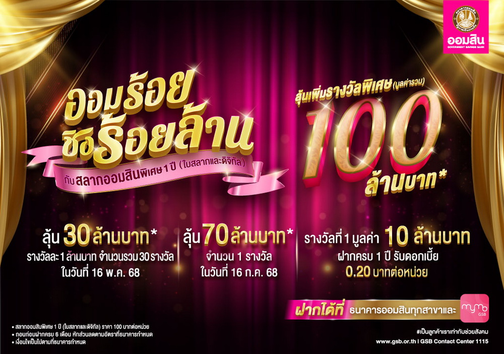 ฉลองใหญ่วันสถาปนาธนาคาร! สลากออมสินพิเศษ 1 ปี   