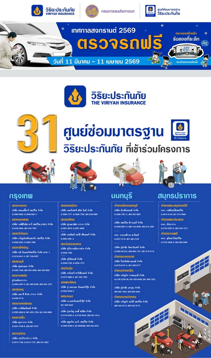 วิริยะประกันภัย-กรมการขนส่งทางบก จัดตรวจรถฟรี 20 รายการ   