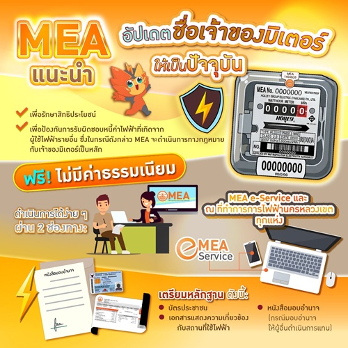 MEA แนะนำผู้ใช้ไฟฟ้าอัปเดตชื่อเจ้าของมิเตอร์   